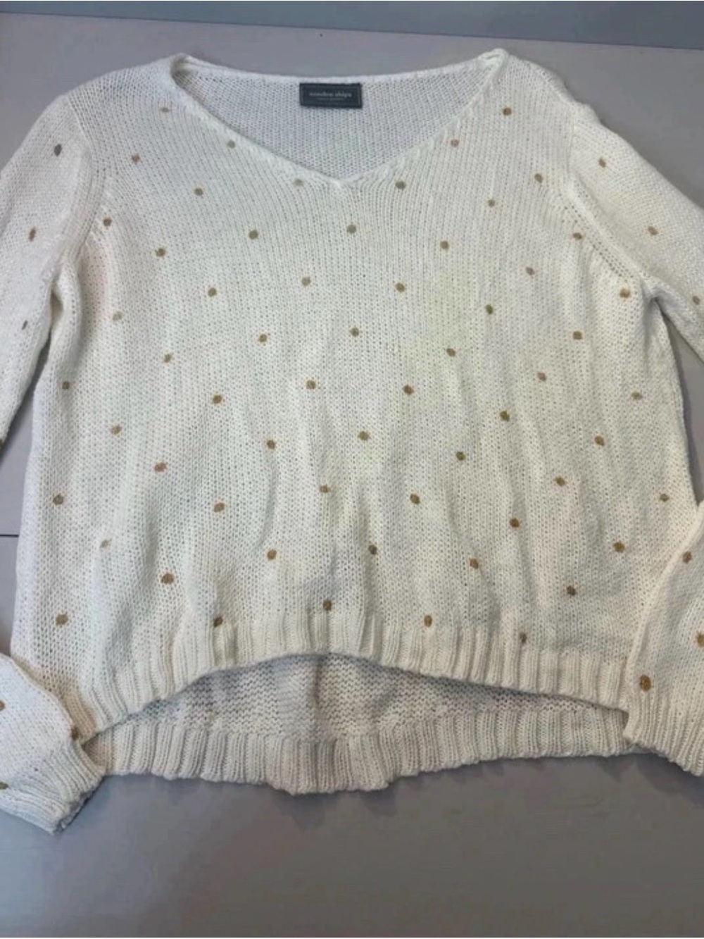 Wooden Ships Cream V-Neck Sweater with Gold Dot Detail